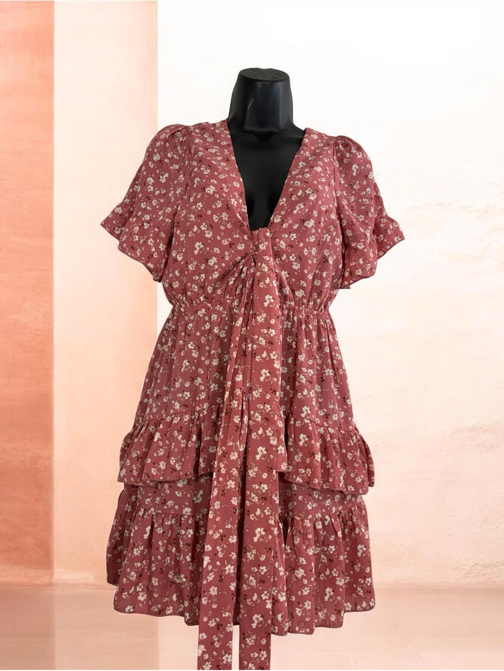 Forever 21 Dusty Rose Floral Tie-Front Tiered Mini Dress